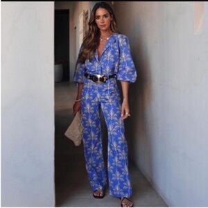 Zara Blue and White Palm Tree Print Women’s Co-ord Blouse /Trousers Size M